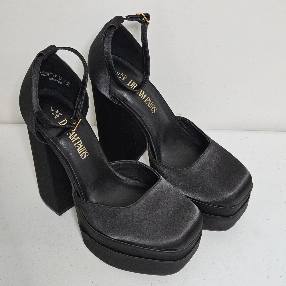Gothic‎ Dream Pairs Platform Square Toe Block Heel Pumps Womens 7 Black Satin